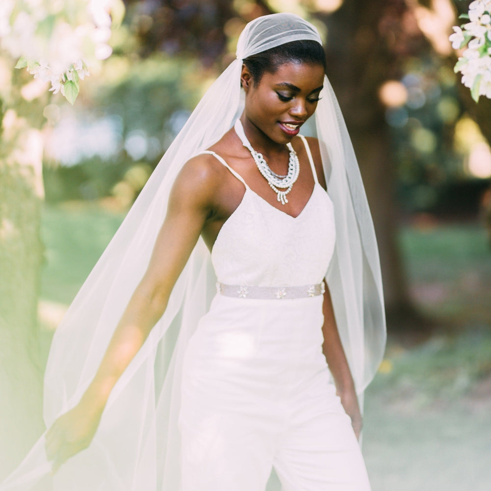 wide tulle juliet cap veil with silver crystals. handmade in toronto canada by blair nadeau bridal